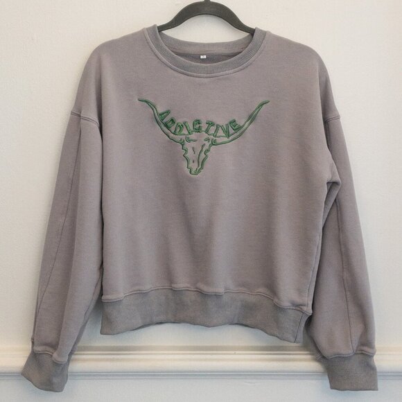Addictive Bull Skull Embroidered Sweatshirt Small Gray Western Cozy Style - Picture 1 of 4